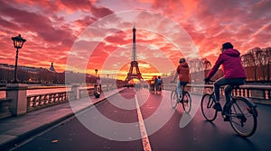 A row of pink bicycles at a docking station in Paris with the iconic Eiffel Tower in the background, under a fiery