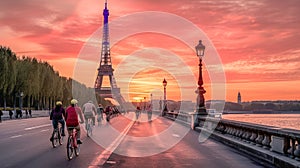 A row of pink bicycles at a docking station in Paris with the iconic Eiffel Tower in the background, under a fiery