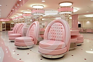 A row of pink chairs sitting in a room. Generative AI image.
