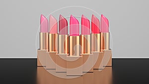 row of pink and gold lipsticks mockup product on a table with white background. 3d render illustration