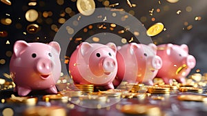 A row of pink piggybanks being showered with gold coins.