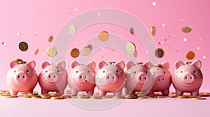A row of pink piggybanks being showered with gold coins.