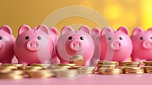 A row of pink piggybanks being showered with gold coins.