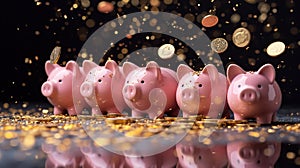 A row of pink piggybanks being showered with gold coins.