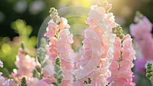 A row of pink snapdragons their translucent petals resembling stained gl when viewed in the sunlight from behind photo
