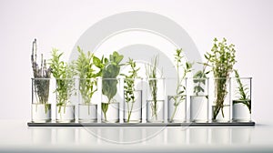 a row of plants in test tubes on a white background