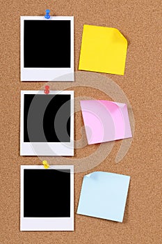 Row polaroid photo frames, post-it style sticky notes cork background vertical