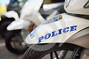 Row of police motorcycles on the street on New York city