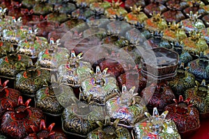 Row of Pomegranate Shaped Incense Burners for Sale at the the Vernissage Market in Yerevan, Armenia