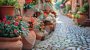 A row of pots filled with flowers on a cobblestone street, AI