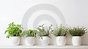 a row of potted herbs including basil, rosemary, thyme, oregano, and mint on a wooden shelf against a white background