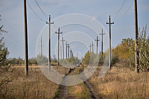 Row of power lines in the countryside