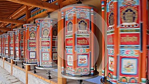 Row of praying wheels around Labrang Monastery in Xiahe town, Gansu province, China