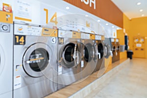 A row of qualified coin-operated washing machines in a public store.