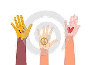 Row Of Raised, Painted Hands Forms A Vibrant Display, Funny Arms with Peace or Heart Symbols and Cute Face