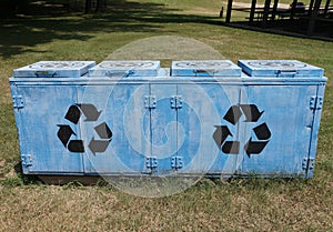 A row of recycle trashcans at the park near Yellville, Arkansas, U.S