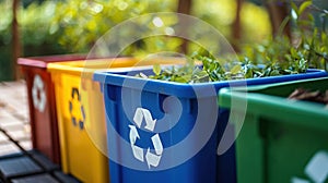 A row of recycling bins with plants growing in them, AI