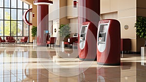 A row of red atm machines in a lobby. Generative AI image.