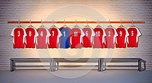 Row of Red and Blue Football shirts Shirts 3-5