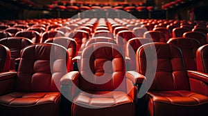 Row of red chairs in an auditorium. Generative AI.