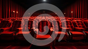 Row of red chairs in an auditorium. Generative AI.