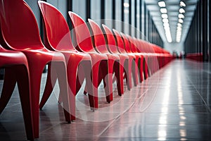 row of red chairs in empty hall, shallow depth of field, red chairs lined up in a row in a room, AI Generated