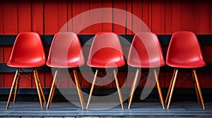 A row of red chairs lined up against a wall, AI