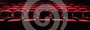 A row of red chairs in a theater with lights on, AI