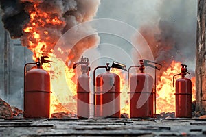 Row of of red fire extinguishers with fire on background