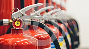 Row of red fire extinguishers ready for use