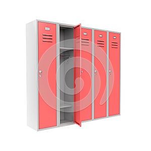 Row of red metal gym lockers with one open door