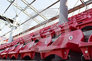 A row of red plastic chairs on a stadium