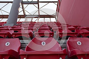 A row of red plastic chairs on a stadium