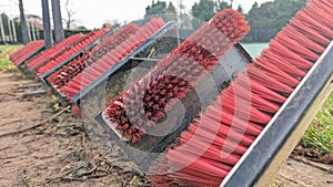 A row of red soccer boot mud scraper brushes