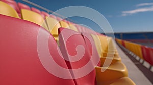 A row of red and yellow seats in a stadium