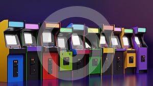 A Row of Retro Arcade Machines or Cabinets. 3D Illustration