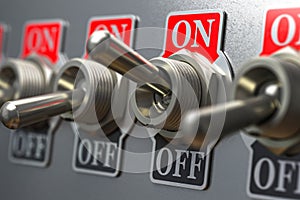 Row of retro toggle switch ON OFF on metal background