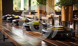 Row of Robotic Vacuums on Wooden Table
