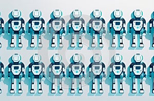 Row of robots with different facial expressions on white background