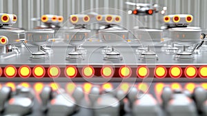 A row of robots are lined up in a factory