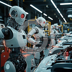 A Row of Robots Working on a Car Assembly Line