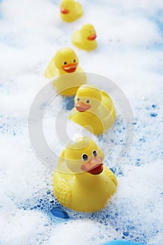 Row of rubber ducks in bubble bath elevated view close-up