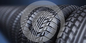 Row of rubber tire 3D, on blue