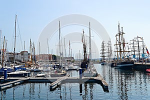 Row of sailboats docked at the dock, in Galicia, Spain