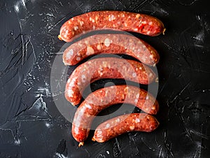 A row of sausages on a black surface