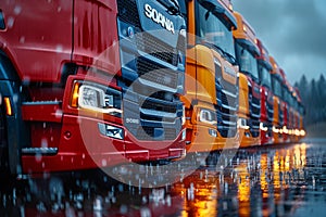 Row of Scania trucks on a rainy day