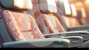 A row of seats on a plane with pink and white flowers, AI