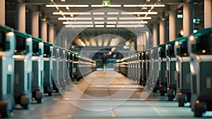 A row of selfdriving luggage carts neatly aligning themselves as they glide through the terminal streamlining the