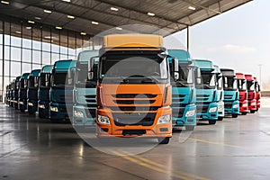 A row of semi trucks parked in a warehouse interior