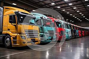 A row of semi trucks parked in a warehouse interior